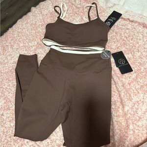 Brown and white layered workout set.